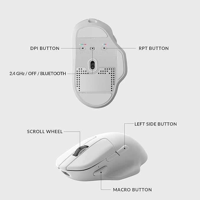 Keychron M7 Wireless Computer Mouse, 26K DPI Optical Computer Mouse, 2.4 GHz/Bluetooth/Wired with Macro Button 63g Lightweight Ergonomic, Up to 70 Hours Worktime for Laptop macOS/Windows - White