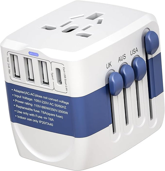 Universal Travel Adapter,International Plug Adapter,WAUDM All in One Universal USB Travel Power Adapter with 3 USB Port and Type-C for Multi-Nation Travel US EU UK Australia