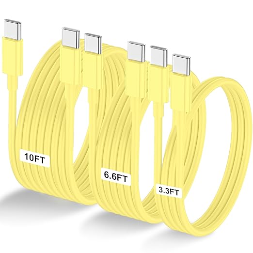 3-Pack Yellow [3.3FT+6.6FT+10FT] 60W USB C to USB C Cable, Type C Fast Charging Cable for iPhone Air 17 16e 16 15 Pro Plus Pro Max，for Galaxy S25, for iPad Pro/Air/mini, for MacBook Pro/Air and More