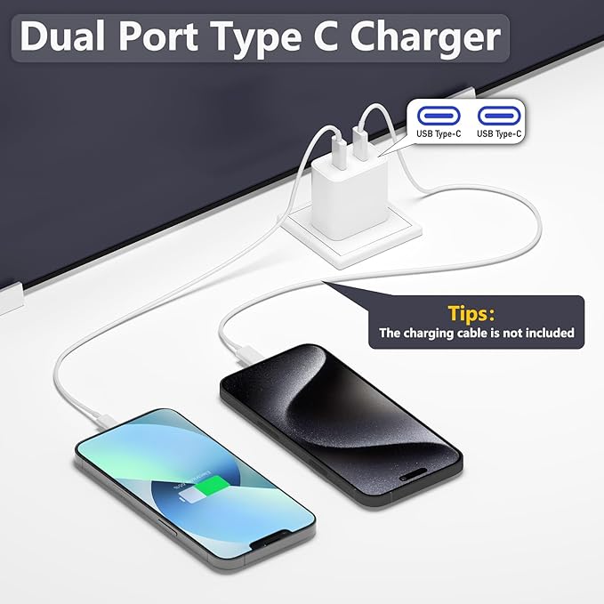 Dual USB-C Fast Charger Block, PD 3.0 Wall Charger Compact Travel Power Adapter with Double C Ports for iPhone, iwtach, Android Phones, iPad, Tablets - UL Certified, Quick Charge