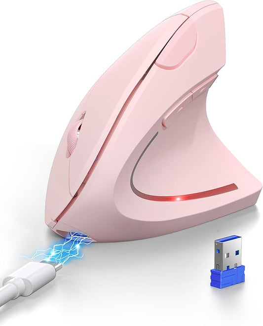 TECKNET Ergonomic Mouse, Rechargeable 2.4G+Bluetooth Vertical Mice 6 DPI Adjustable, Wireless Optical Carpal Tunnel Mouse for Right Hand, Silent 6 Buttons for Laptop, PC, MacBook, iPad - Pink