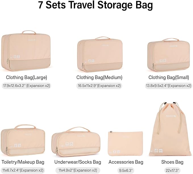 Compression Packing Cubes (Pack of 7), Expandable Luggage Organizer Bags, Hanke Packing Cubes for Travel, Double Zipper Durable Travel Packing Organizers for Suitcase Backpack and Carry-On