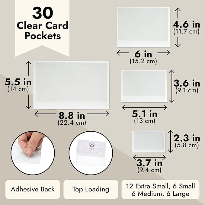 Juvale Pocket Planner Adhesive Pouches - White, 30-Pack, 4 Sizes (3.7 x 2.3 to 8.8 x 5.5 in) - Stick-On Pockets for Notebooks & Label Holder & Photo Sleeves & Index Card Sleeves