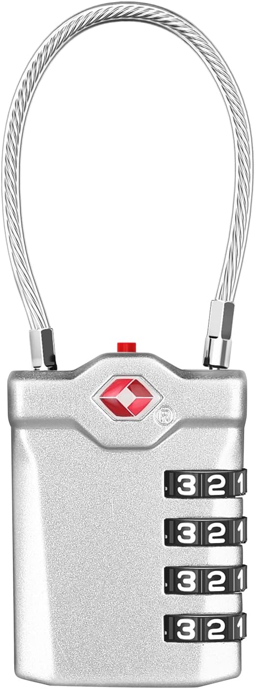 ZHEGE TSA Approved Lock, 4 Digit Cable Luggage Lock, Travel Lock with White Number, Flexible TSA Cable Lock for Suitcase, Gym Locker, School Locker, Easy to Read (1 Pack, Sliver)