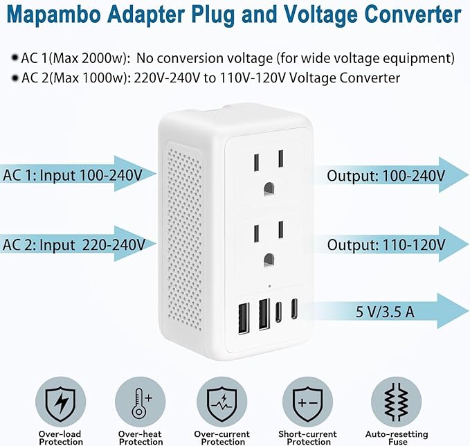 Mapambo 2000W 220V to 110V Voltage Converter US to Europe, Power Converter European Travel Converter for Hair Dryer, Power Converter Adapter Combo with Type C USB A for 150+ Countries (White)
