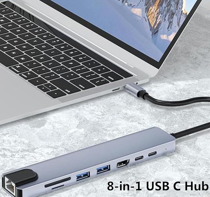 8 in1 USB C Hub to Adapter RJ45 100mbps Laptop Docking Station Splitter, for Multiport Adapter for MacBook pro SD TF RJ45 USB Extender Hub PD HDTV Aluminum