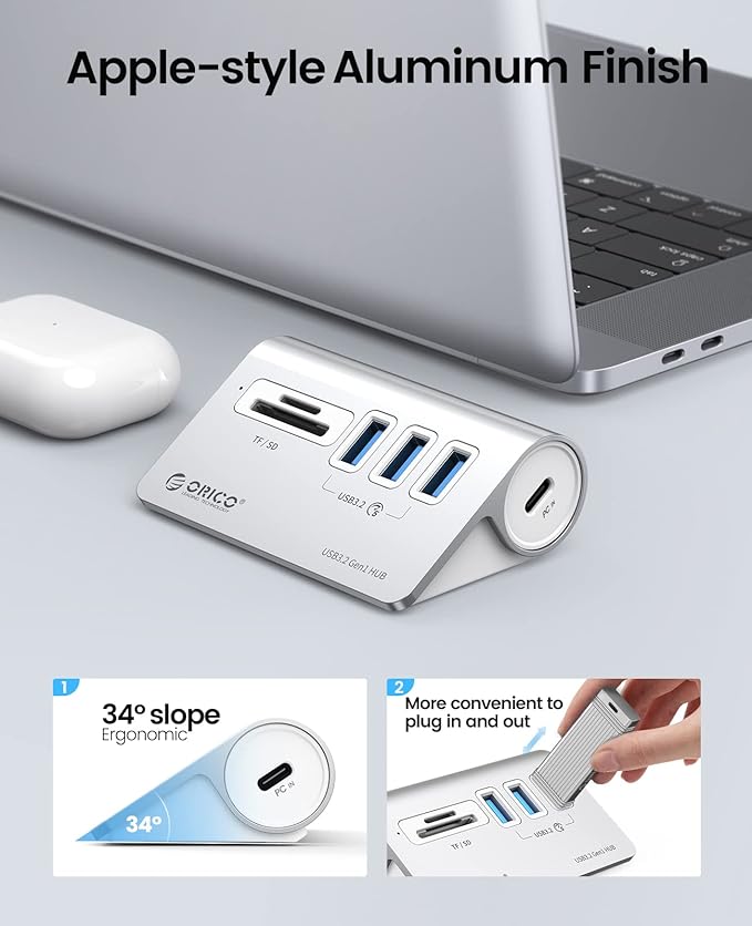 ORICO Aluminum USB 3.0 Hub with SD/TF Card Reader, 3 Port USB Hub 5Gbps with 1.64Ft USB-C Cable and USB-A Adapter USB Splitter for iMac, All MacBooks, Mac mini