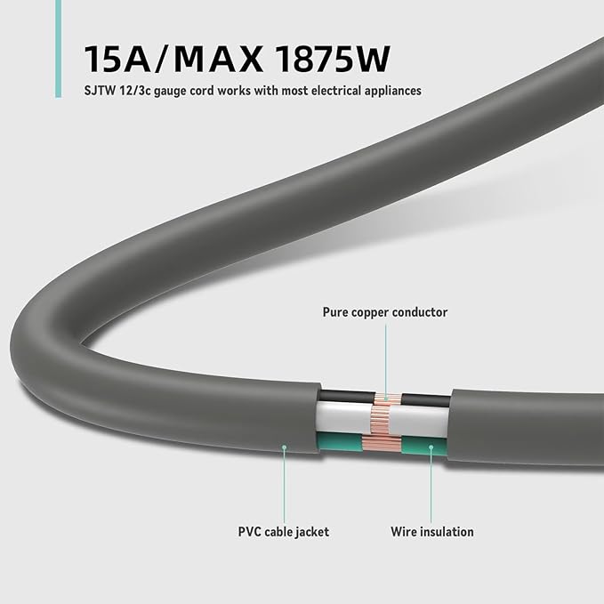 50ft Indoor Outdoor Extension Cord - 12/3 SJTW Heavy Duty Extension Cable with 3 Prong Grounded Plug for Safety -15Amp 1875W Gray Electric Cord Great for Garden, Appliances