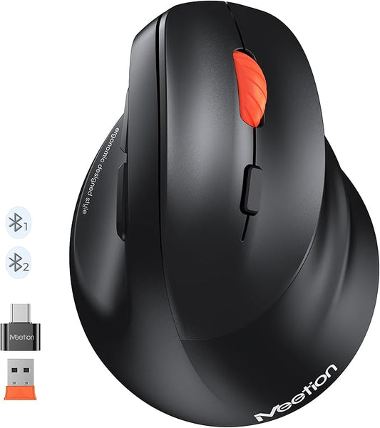 MEETION Ergonomic Mouse, Wireless Bluetooth Vertical Mouse with 3 Multi-Device for Bluetooth(5.3*2) & USB-A to USB-C Adapter, 4 DPI 1200-3200 Ergo Mice for Mac/Windows/PC/Laptop/Computer(Large Hands)