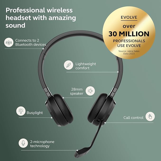 Jabra Evolve 65 TE (Third Edition) Wireless Dual-Ear Headphones w/Charging Stand - Noise-Canceling Mic, 16 hr Battery Life, Dual Connectivity, MS Teams Certified, Supports Other Platforms, Black