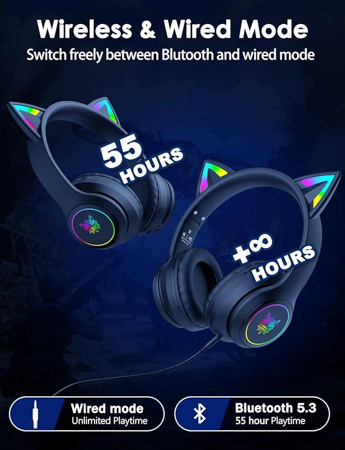 Cat Ear Bluetooth Headphones for Kids & Adults, 55H Play Time, Wireless Foldable & Wired Multi-Function LED Light Up Over Ear Headphones with Mic and Volume Control for iPhone/iPad/Laptop/PC