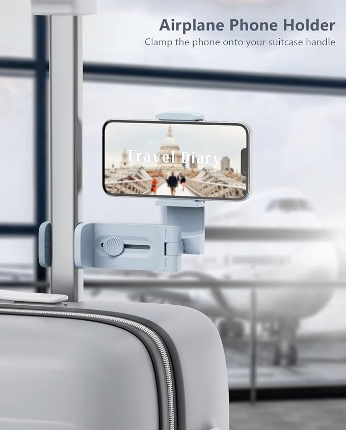 MiiKARE Travel Essentials Airplane Phone Holder, Universal Handsfree Phone Mount for Flying with 360 Degree Rotation, Travel Must Haves Phone Stand for Desk, Tray Table, Blue