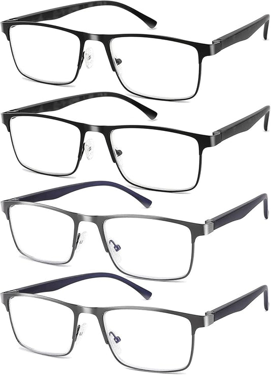 4-Pack Mens Reading Glasses Blue Light Blocking,Spring Hinge Stylish Metal Full Frame Readers for Men Anti Glare Filter Eyeglasses +1.50