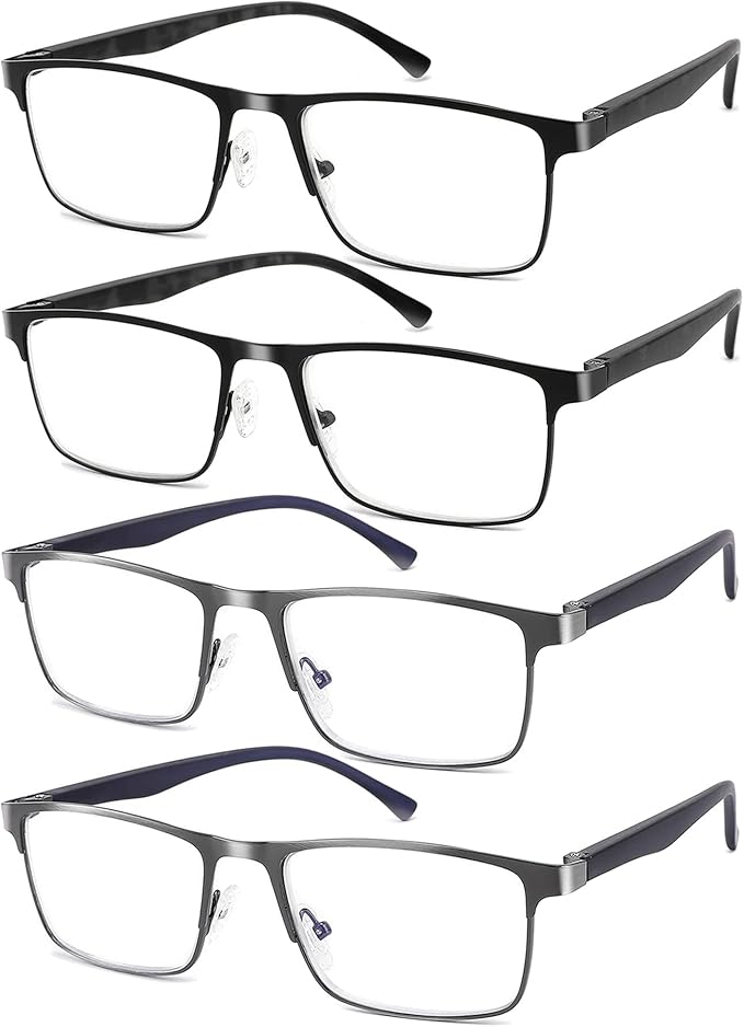 4-Pack Mens Reading Glasses Blue Light Blocking,Spring Hinge Stylish Metal Full Frame Readers for Men Anti Glare Filter Eyeglasses +3.25
