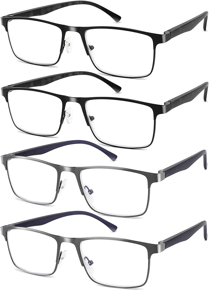 4-Pack Mens Reading Glasses Blue Light Blocking,Spring Hinge Stylish Metal Full Frame Readers for Men Anti Glare Filter Eyeglasses +3.75
