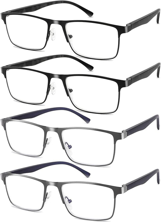 4-Pack Mens Reading Glasses Blue Light Blocking,Spring Hinge Stylish Metal Full Frame Readers for Men Anti Glare Filter Eyeglasses +2.75