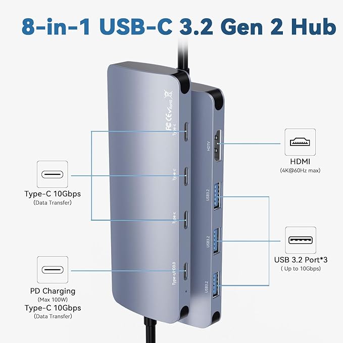 USB C to USB Hub 8-in-1 with 4K@60Hz HDMI, 3 USB-C 3.2 Gen2 10Gbps, 3 USB A 3.2 10Gbps Ports,100W Power Delivery with 10Gbps Data, USB-C Hub Multiport Adapter for MacBook Pro and More Type C Devices
