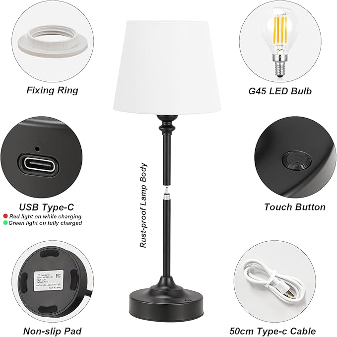 Cordless Table Lamps Rechargeable Set - 2 Pack Black 4000mAH Battery Operated Lamps for Decor, 3000K Stepless Dimming Touch Control Wireless Lamps for Bedroom, Dining Table, Living Room, White Shade