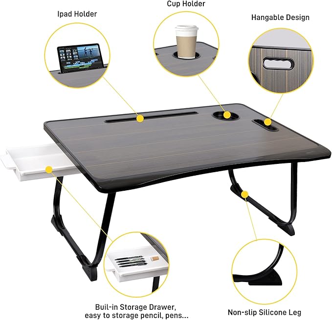 Amaredom Laptop Bed Desk Tray Bed Table, Foldable Portable Lap Desk with Storage Drawer and Cup Holder for Eating Breakfast on Bed/Couch/Sofa-Black