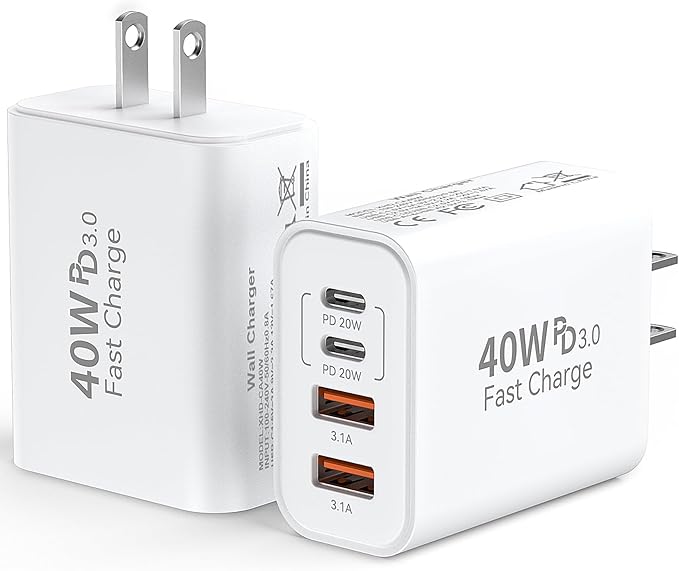 USB C Wall Fast Charger Block, 40W 4-Port Type C Charger Fast Charging Blocks PD Power Charger Adapter+QC 3.0 USB Multiport Charger Brick for iPhone 17/16/15/14/13/12 Pro Max, iPad, Galaxy S25-2Pack