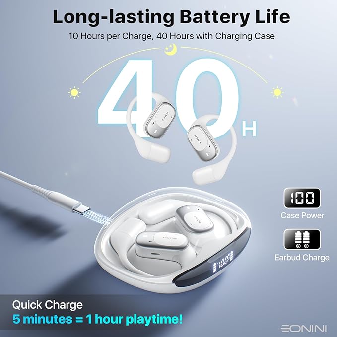 2025 Open Ear Earbuds Wireless Bluetooth Headphones, Earhook Sports Earphones with Mic, 40Hrs Playtime, Smart Digital Display, IPX5 Waterproof for Running, Gym, Cycling(White)