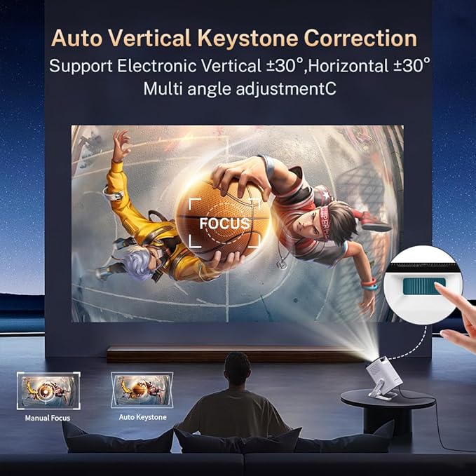 Mini Projector 1080P 4K Support with WiFi 6 and Bluetooth 5.4 Built-in Apps TV Android 11 Auto Keystone Outdoor Portable Projector Compatible with iOS/HDMI/TV Stick VisualCube 300