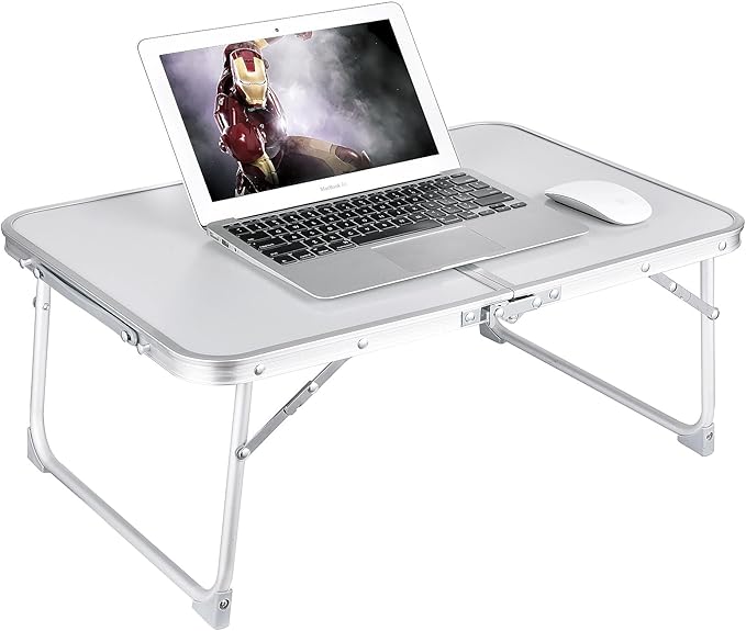 CHEERWELL Foldable Laptop Desk, Bed Table for Study & Reading, Breakfast Tray, Portable Mini Picnic Table, Folds in Half with Inner Storage Space (Grey)