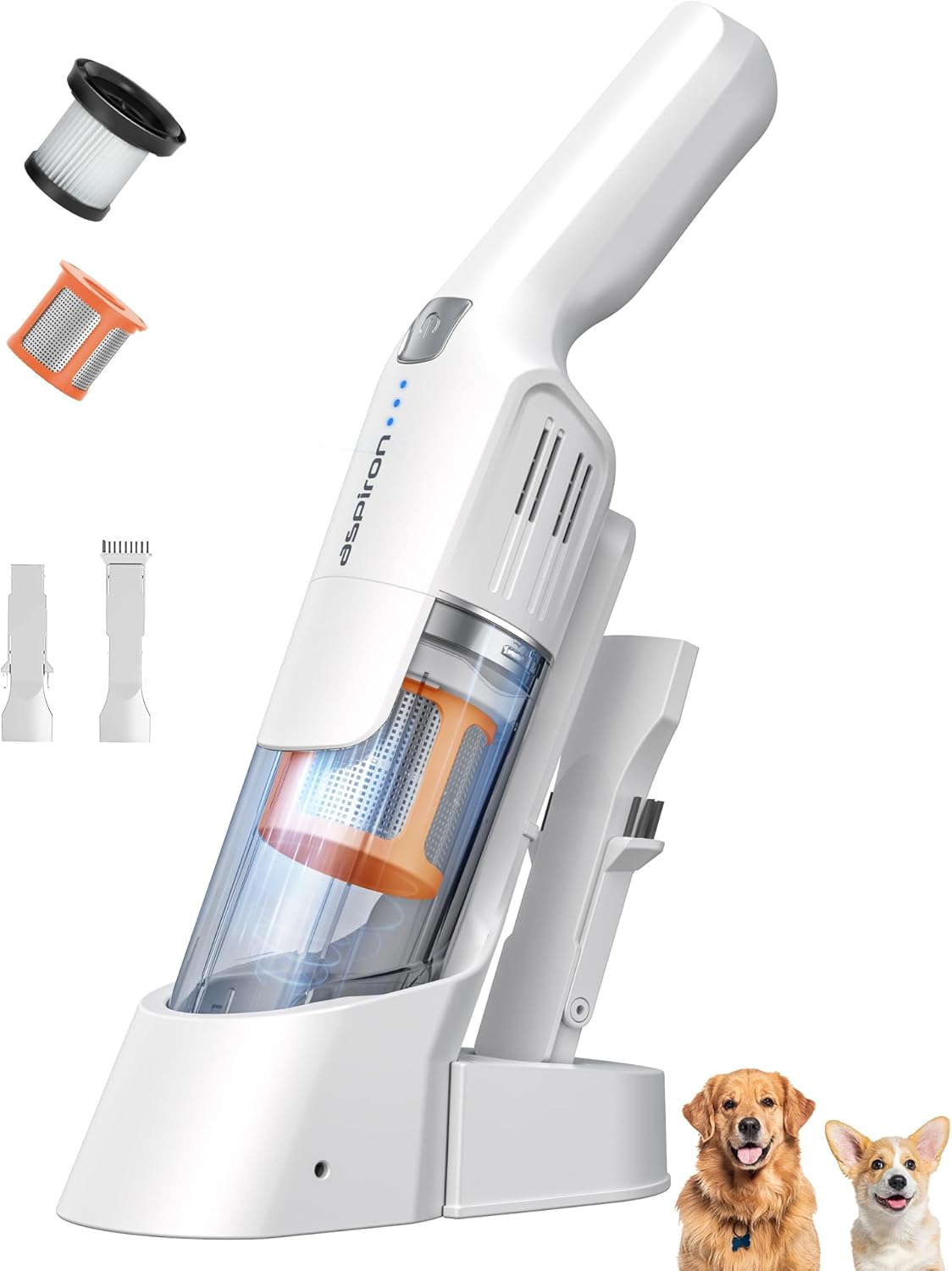 Aspiron Cordless Handheld Vacuum, 24KPA Powerful Car Vacuum, Rechargeable, Charging Dock, Ergonomic Handle, 2-in-1 Crevice Tool, 1.8lb Portable Vacuum Cleaner with 2-Speed for Car, Home, White