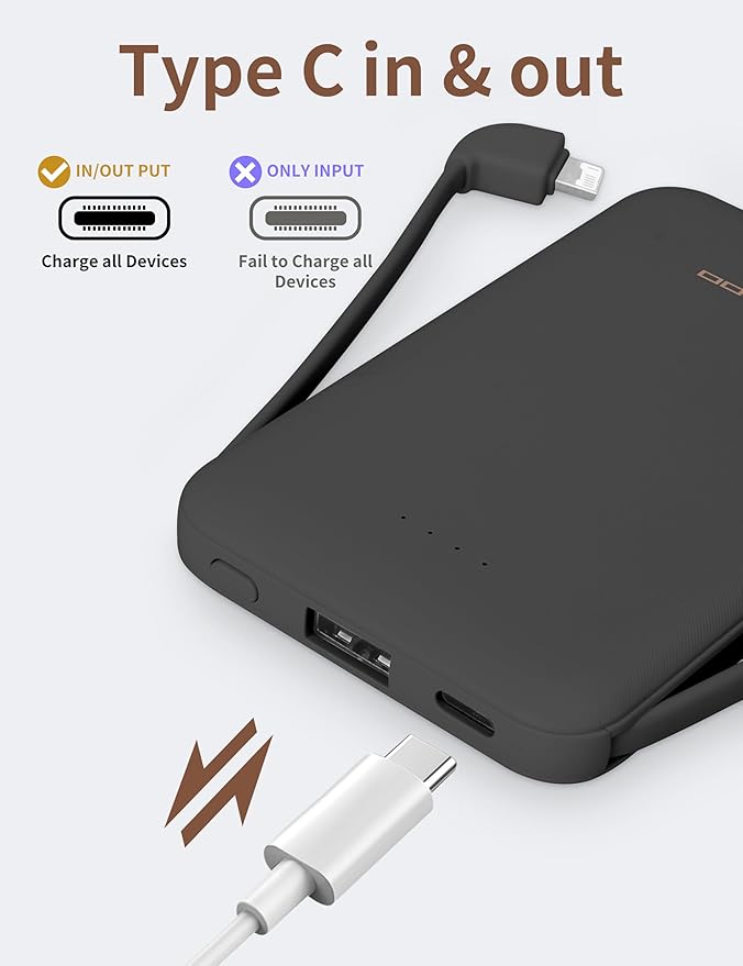 Power Bank, Slimmest 5000mAh Portable Charger with Built in USB-C Cables, USB C in&Out Charging Battery Pack, External Phone Powerbank Compatible with iPhone, Android, Black