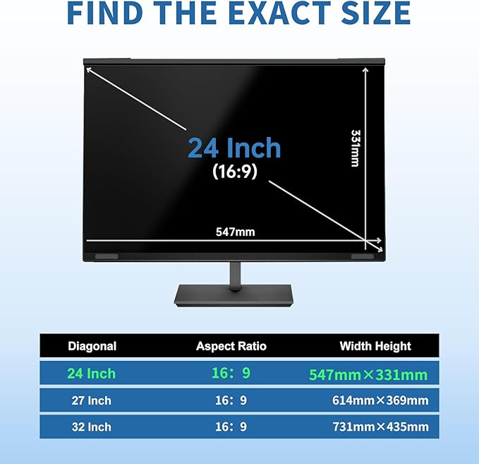 24 Inch Magnetic Privacy Screen for Monitor, Ultra-Thin Anti-Spy Computer Monitor Filter with Blue Light Reduction, Anti-Glare & Easy Installation, 16:9 FHD Compatible with 24-Inch Desktop
