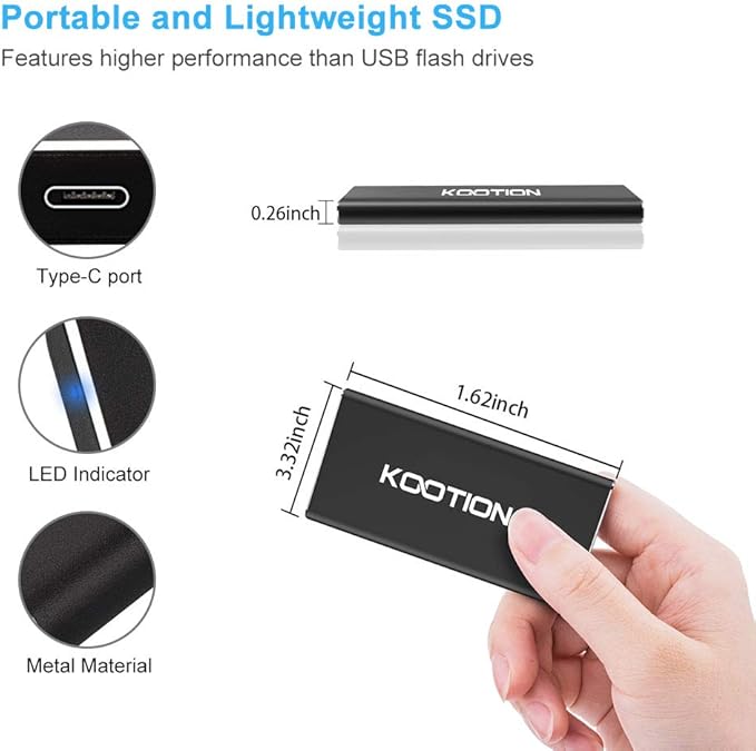 KOOTION External SSD 500GB USB 3.1 Type-c Portable SSD High-Speed Solid State Drive Ultra-Slim, Read up to 500MB/s & Write up to 450MB/s