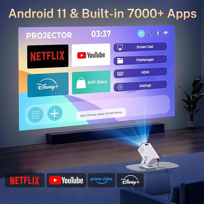 4K Supported Android 11 Mini Projector with WiFi 6 & Bluetooth 5.4 | 400 ANSI Lumens | Auto Keystone | Portable Outdoor Movie Projector for iPhone, Netflix, Camping, Bedroom & Home Theater