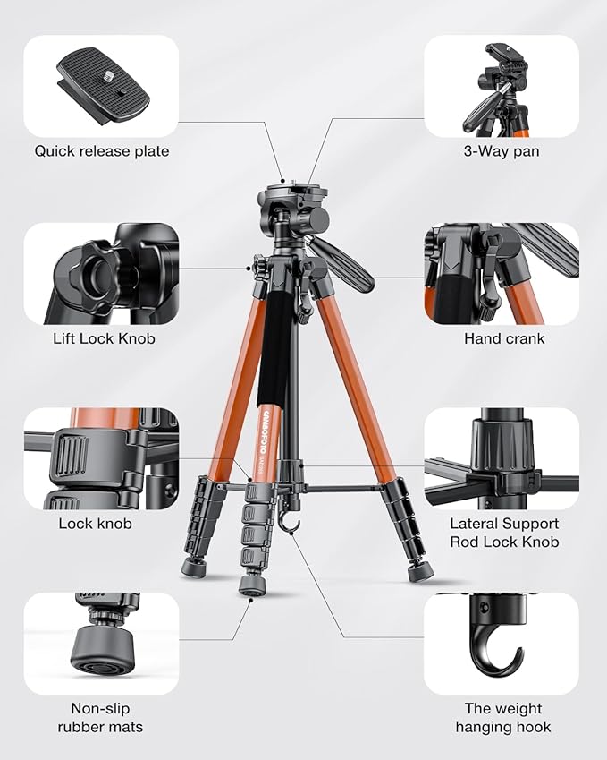 CAMBOFOTO 74"-Camera-Tripod, Professional Aluminum Heavy Duty Tripod Stand for Mirrorless Camera/DSLR/Cell Phone/Camcorder, with Holder and Travel Bag (Orange)
