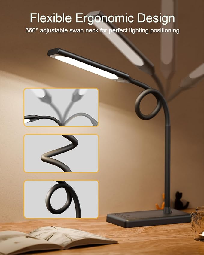 LED Desk Lamp Touch Control Desk Lamp with USB Charging Port 5 Color Modes 6 Brightness Levels Dimmable Eye-Caring Office Lamp with Memory Function 1h Timer Adjustable Gooseneck Table Lamp