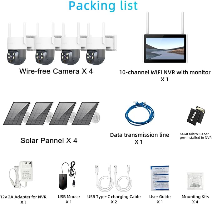 Solar Wireless Security Cameras with 10" Monitor Outdoor WiFi Security Cameras System for Home Security with 64G Card NVR Kits 360° Color Night Vision, 2-Way Audio, Expandable 10CH
