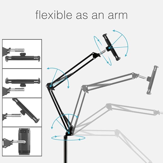 Tablet Floor Stand with 5LB Metal Base, Overhead Bed Phone Stand Angle Height Adjustable Holder, Universal Floor Stand Compatible with iPhone iPad Pro Air Mini, Samsung Tab, Kindle, E-Readers…
