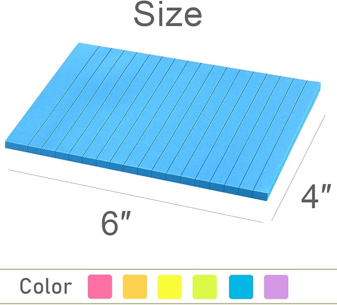 Lined Sticky Notes 4X6 in Bright Ruled Stickies Colorful Super Sticking Power Memo Pads, 45 Sheets/pad, 6 Pads/Pack