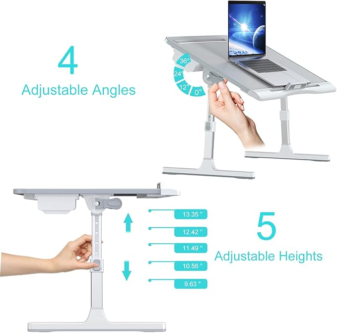 Laptop Bed Tray Desk, Foldable and Adjustable Lap Table with Heights and Angles, Upgraded-Sturdy Laptop Lap Desk for Bed/Sofa/Couch/Floor (2 Drawers, X-Large, Grey)