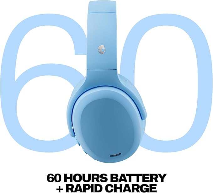 Skullcandy Crusher ANC 2 Wireless Over-Ear Bluetooth Headphones with Extra USB-C Charging Cable, Multi-Sensory Bass, Active Noise Cancelling, 60 Hours Battery, Microphone iPhone Android - Preppy Blue