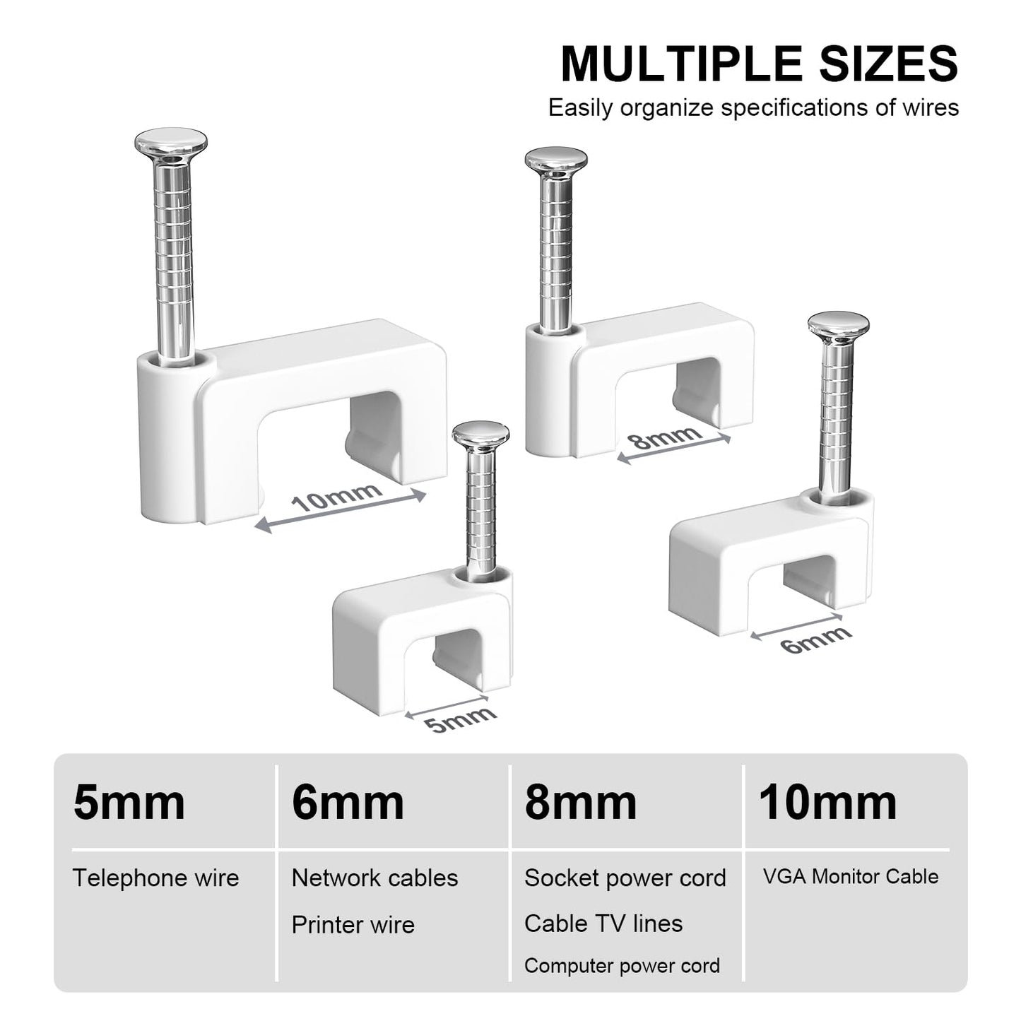 Jadaol Cable Clips with Nails, 400 Pack Cord Wire Clips (5mm 6mm 8mm 10mm), Nail-in Flat Cable Tacks for Ethernet Cable, Coaxial, TV, Speaker, Electrical Wire, White