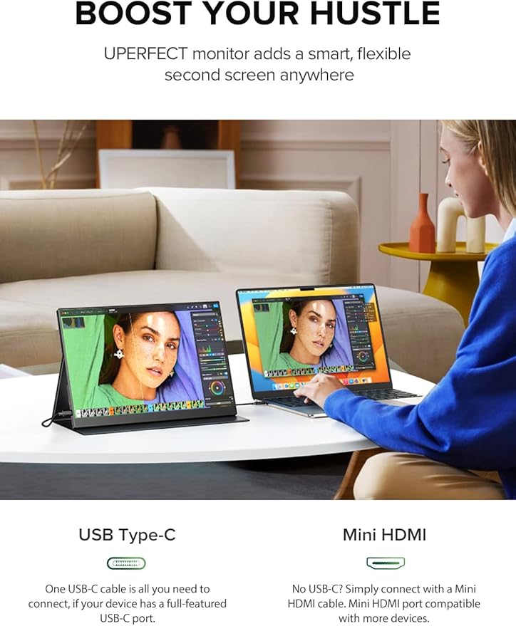 UPERFECT 4K Portable Monitor, 14.5" UHD 3840x2400 Laptop Display with Smart Cover, 16:10 Matte IPS Screen, 100% sRGB, 1.06 Billion Colors, 500 Nits Brightness, Metal Frame for PC/Mac/Phone