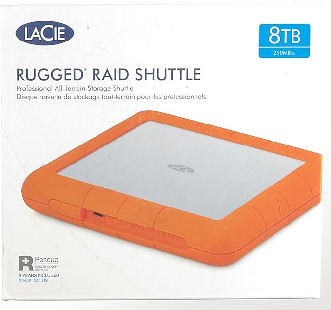 LaCie Rugged Raid Shuttle 8TB External Hard Drive Portable HDD - USB-C USB 3.0 Compatible, Drop Shock Dust Water Resistant, for Mac and PC Computer Desktop Laptop, 1 Mo Adobe CC (STHT8000800)