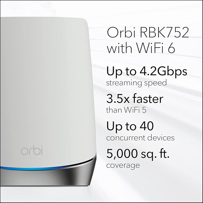 NETGEAR Orbi Whole Home Tri-Band Mesh WiFi 6 System (RBK752) – Router with 1 Satellite Extender | Coverage up to 5,000 sq. ft., 40 Devices | AX4200 (Up to 4.2Gbps)