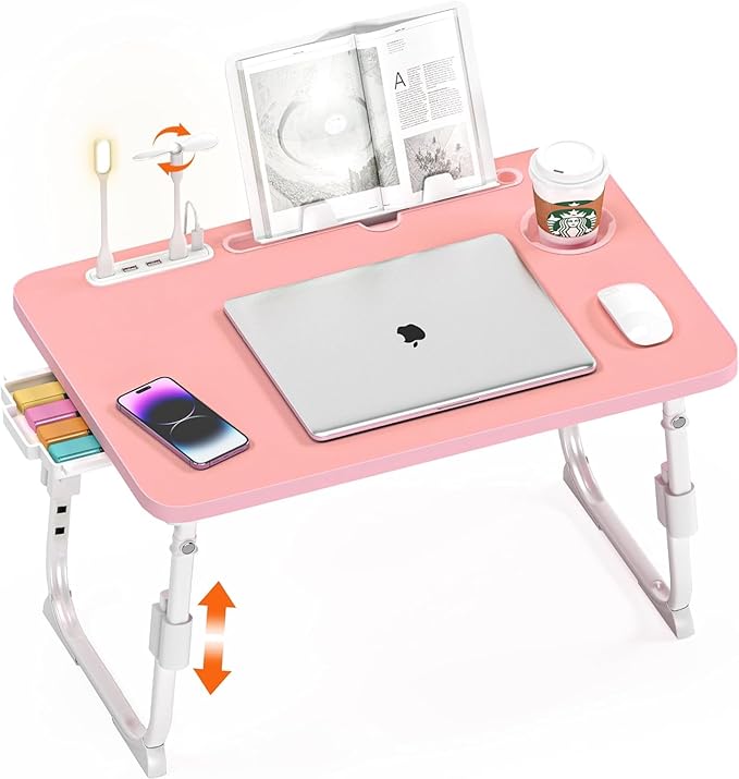 Bed Desk Height Adjustable, Bed Laptop Table with USB/Storage Drawer/Cup Holder/Tablet Stand/Book Shelf, Foldable Breakfast Tray Portable for Reading Writing, Bed, Sofa & Floor, Wood, Pink