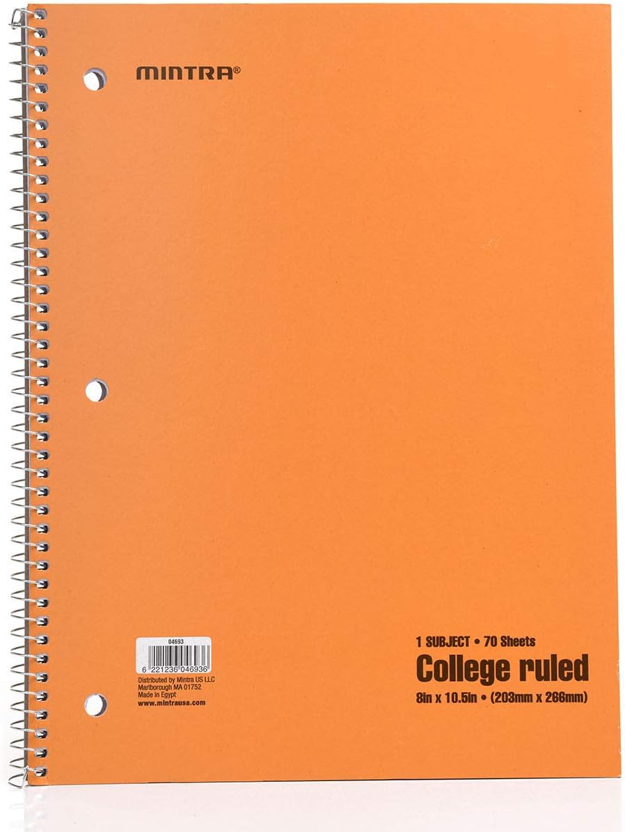 Mintra Office Spiral Notebooks - 1 Subject, 70 Sheets, College Ruled, 8in x 10in, Bulk Pack, Pastel Covers, Set of 6 - for School, Office, Business, Professional (04693)