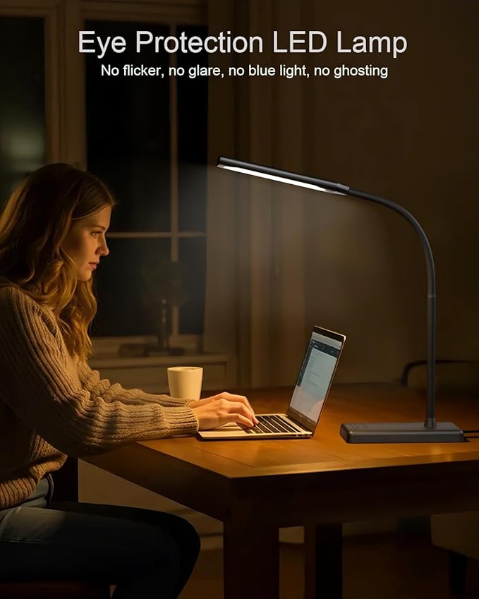 LED Desk Lamp Touch Control Desk Lamp with USB Charging Port 5 Color Modes 6 Brightness Levels Dimmable Eye-Caring Office Lamp with Memory Function 1h Timer Adjustable Gooseneck Table Lamp
