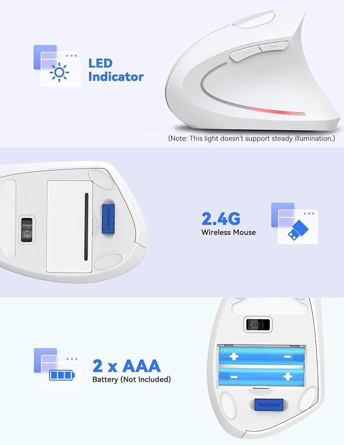 TECKNET Ergonomic Mouse, 4800 DPI Wireless Vertical Mouse with 5 Adjustable DPI Levels, 6 Buttons, 2.4GHz Optical Carpal Tunnel Mouse for Laptop, Desktop, PC, MacBook - White