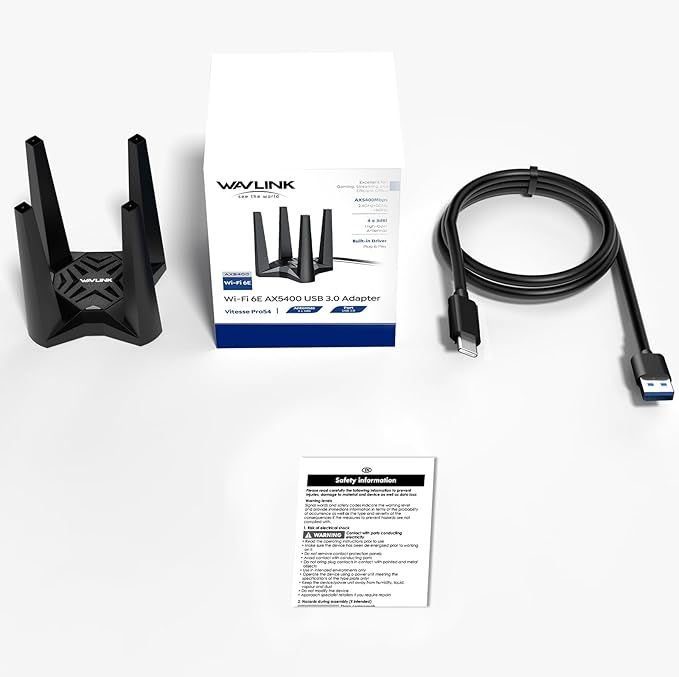WAVLINK WiFi 6E USB Adapter for Desktop PC, AX5400 WiFi Adapter Triple Band Wireless Network Adapter with 2.4GHz/5GHz/6GHz High Gain Antennas, MU-MIMO, OFDMA, WPA3, Supports Windows 10/11 Only