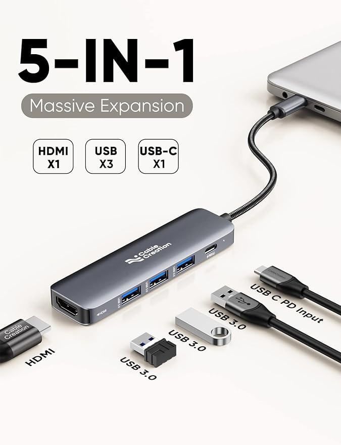 USB C Hub, CableCreation 5-in-1 USB C to HDMI Multiport Adapter, 100W PD, 3 USB 3.0 Ports for MacBook Pro, MacBook Air M1/M2, iPad Pro, Surface Pro, XPS