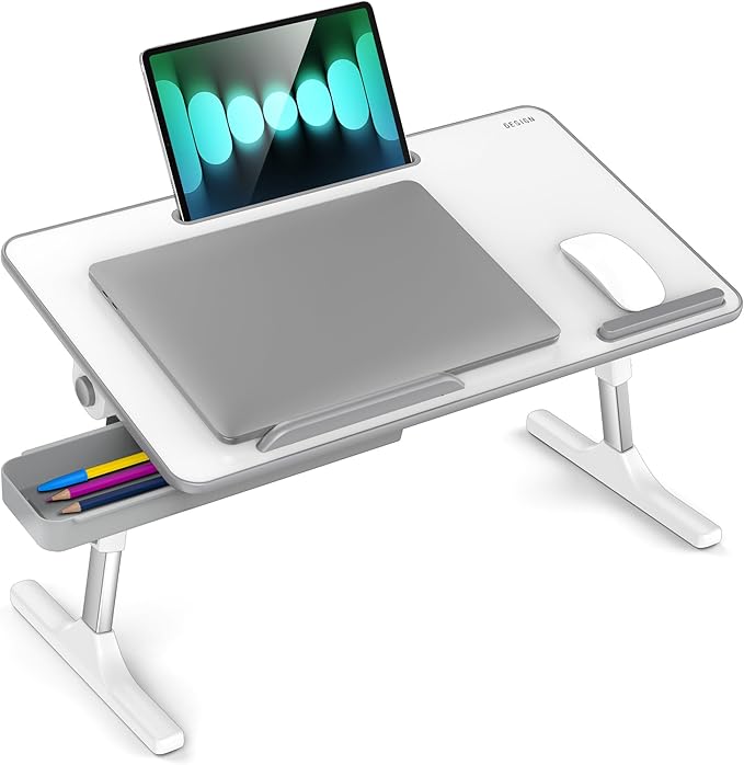 Besign LT05 Adjustable Laptop Table, Lap Desk, Portable Standing Bed Desk, Foldable Sofa Breakfast Tray, Notebook Computer Stand for Reading and Writing, Medium Size, White